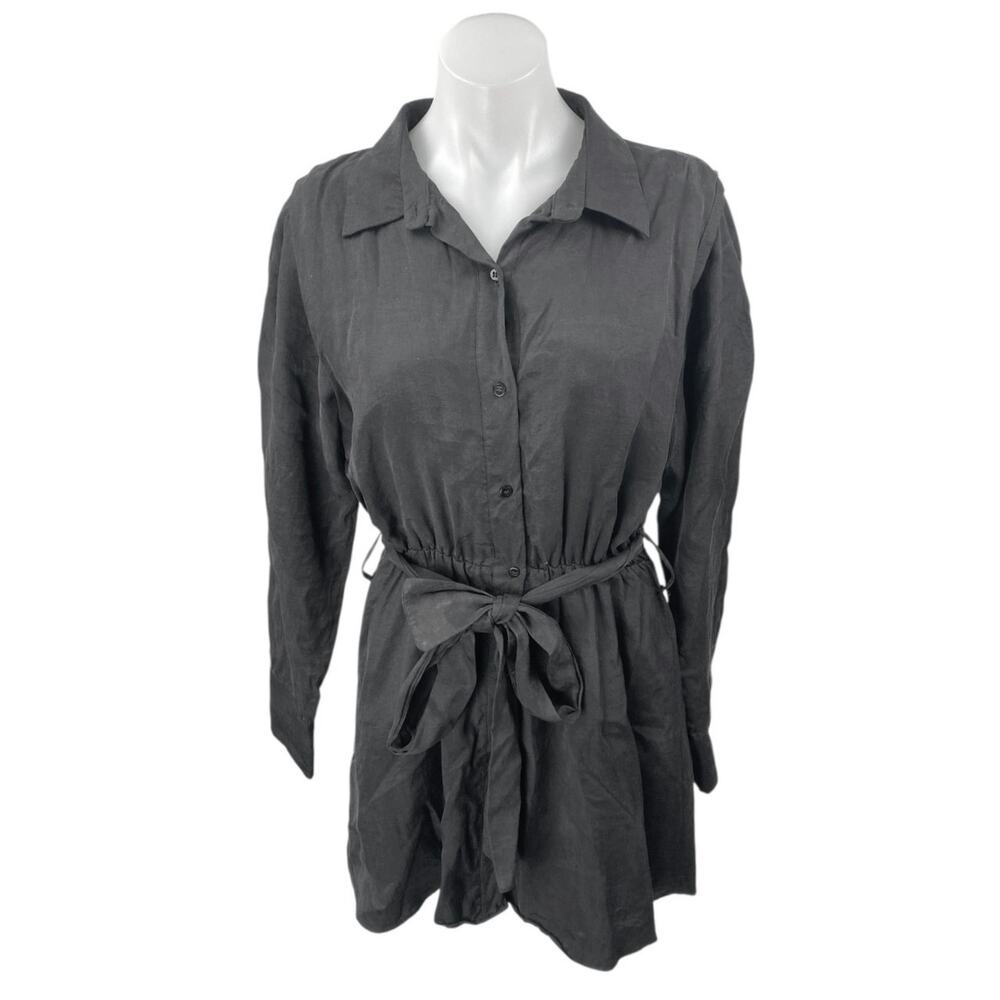 Zara Women's Black Long Sleeve Tie Waist Button Up Mini Shirt Dress Size S